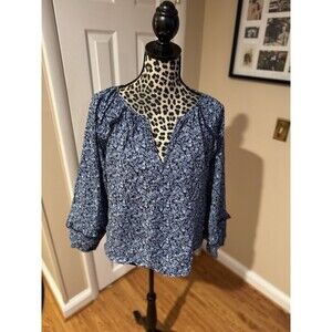 J.Crew Blouse Top Size M Blue Floral Ruffle Detail V-Neckline Long Sleeves